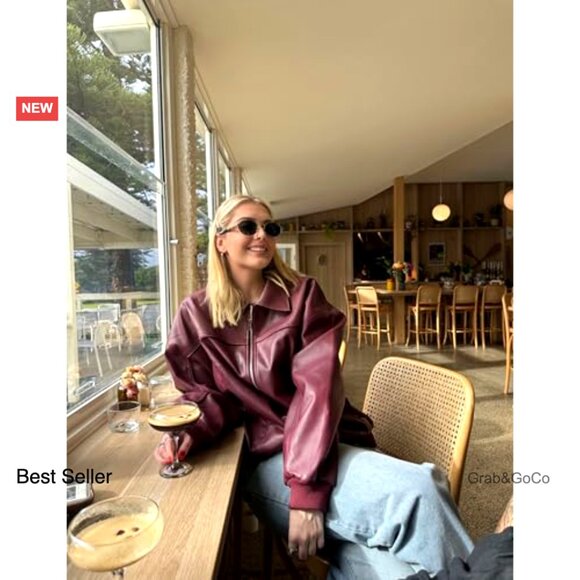 Oversized Faux Leather Bomber Jacket Vintage Motorcycle Chic Boyfriend Fit - Picture 6 of 7